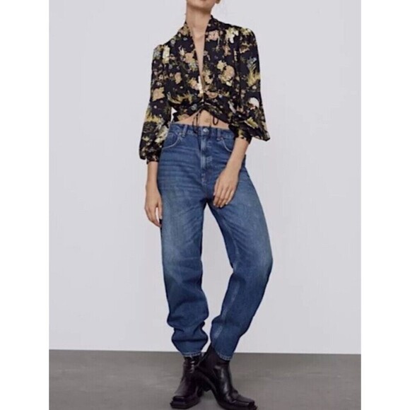 Zara Cinched Floral Crop V Neck Top Women‎ Black S Side Zip Boho Fairy - Picture 5 of 7